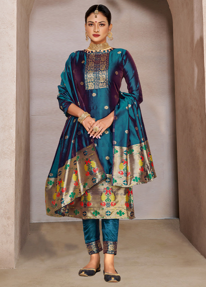 3 Pc Teal Blue Semi Stitched Silk Suit Set VDKSH11052040 - Indian Silk House Agencies