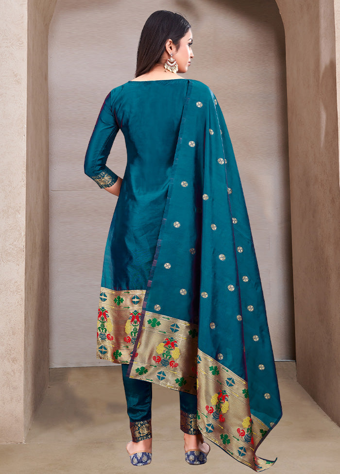 3 Pc Teal Blue Semi Stitched Silk Suit Set VDKSH11052040 - Indian Silk House Agencies