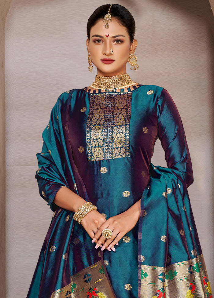 3 Pc Teal Blue Semi Stitched Silk Suit Set VDKSH11052040 - Indian Silk House Agencies