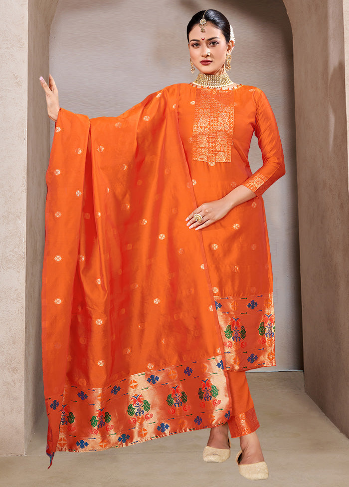 3 Pc Orange Semi Stitched Silk Suit Set VDKSH11052041 - Indian Silk House Agencies