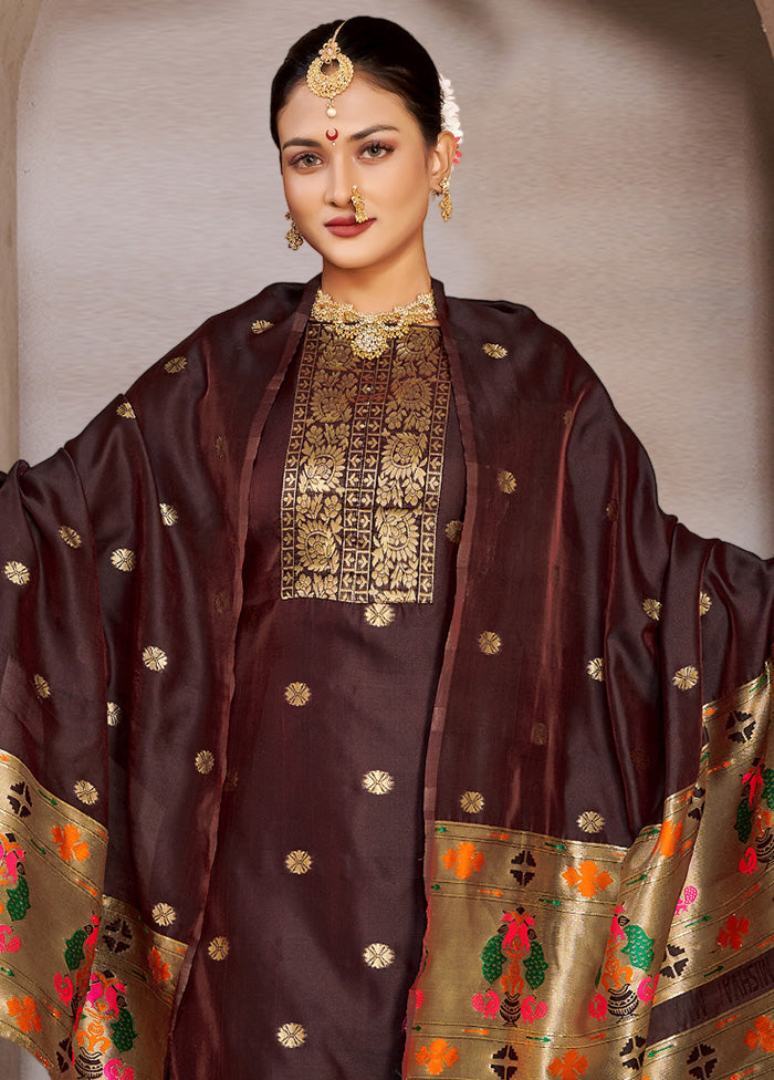 3 Pc Brown Semi Stitched Silk Suit Set VDKSH11052042 - Indian Silk House Agencies