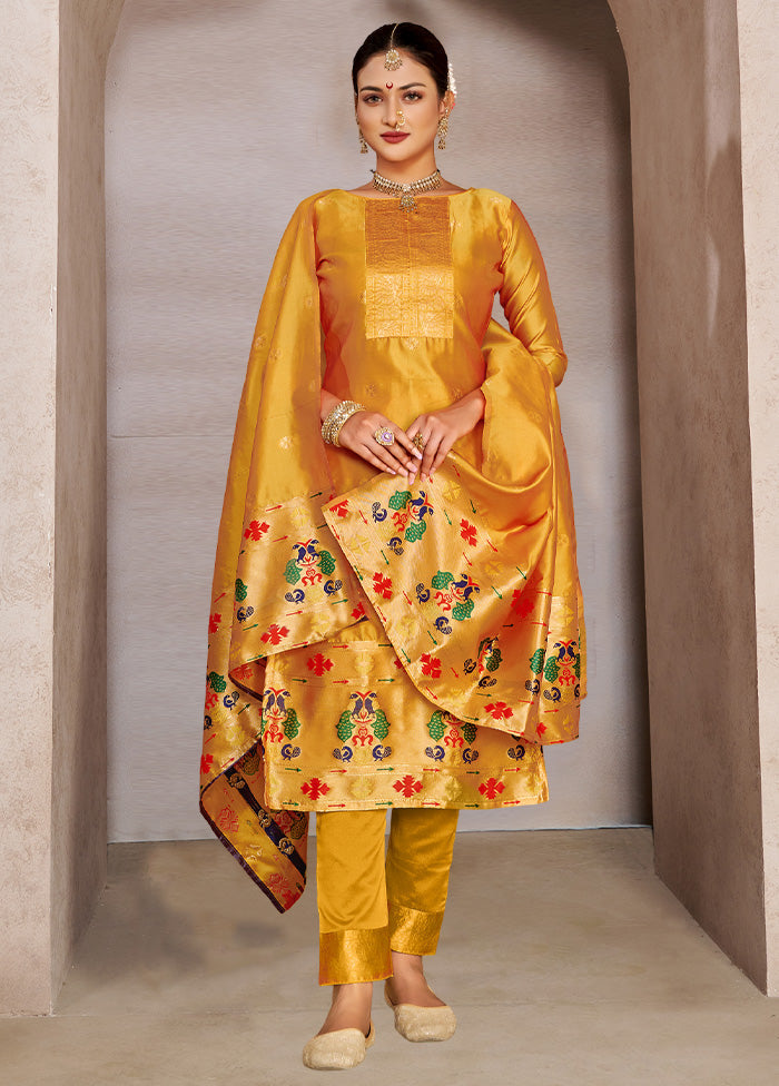 3 Pc Yellow Semi Stitched Silk Suit Set VDKSH11052044 - Indian Silk House Agencies