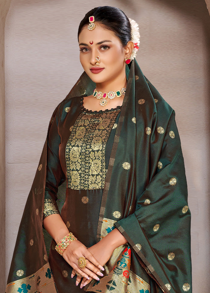 3 Pc Green Semi Stitched Silk Suit Set VDKSH11052045 - Indian Silk House Agencies