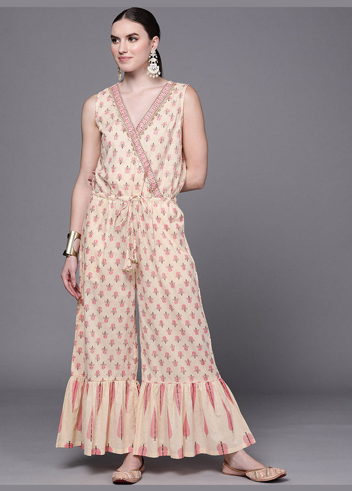 Light Yellow Cotton Printed Jumpsuit VDKSH0805059 - Indian Silk House Agencies