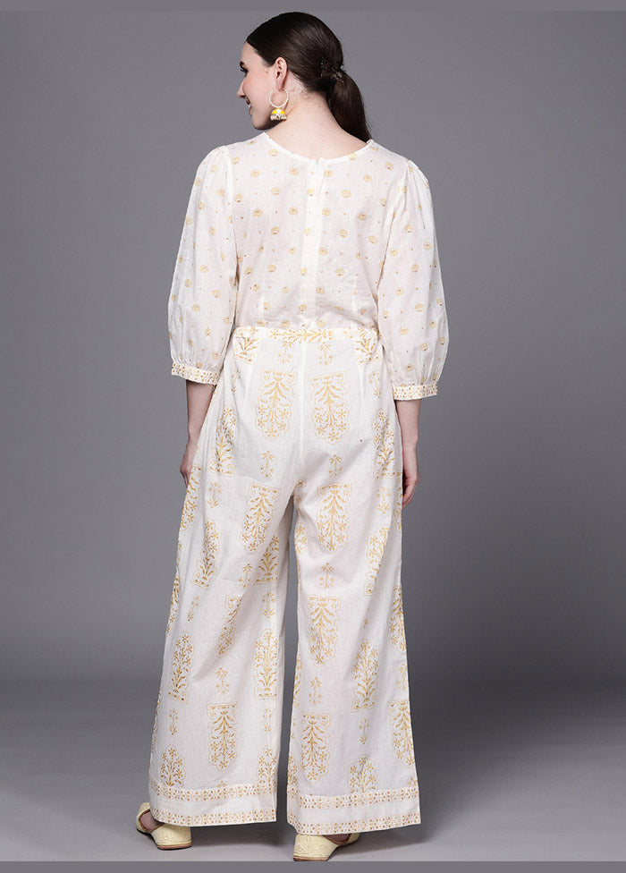 Off White Cotton Printed Jumpsuit VDKSH0805063 - Indian Silk House Agencies