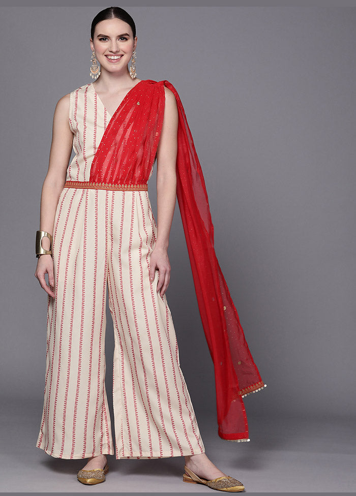 Off White Crepe Silk Printed Jumpsuit VDKSH0805065 - Indian Silk House Agencies