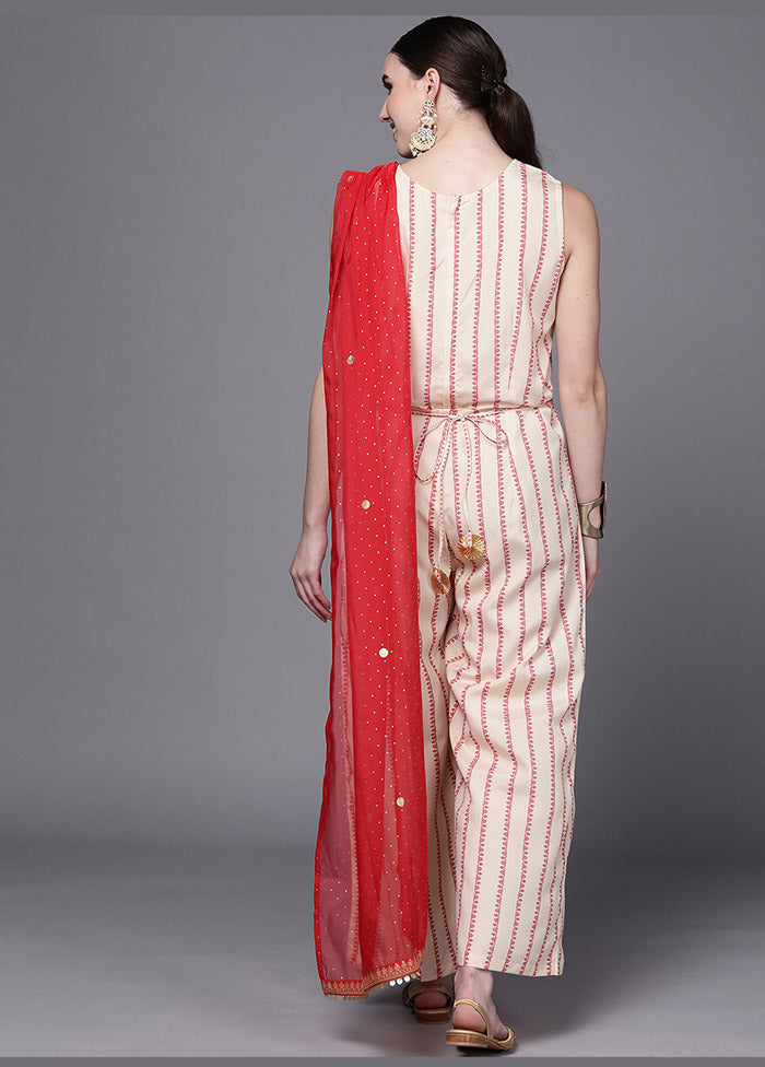 Off White Crepe Silk Printed Jumpsuit VDKSH0805065 - Indian Silk House Agencies