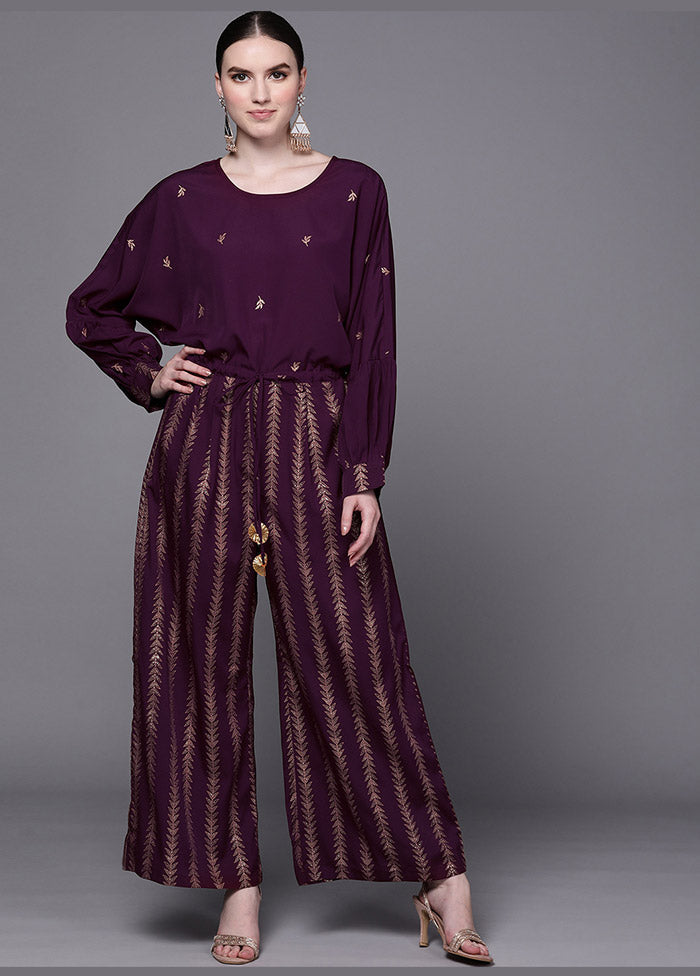 Wine Crepe Silk Printed Jumpsuit VDKSH0805066 - Indian Silk House Agencies