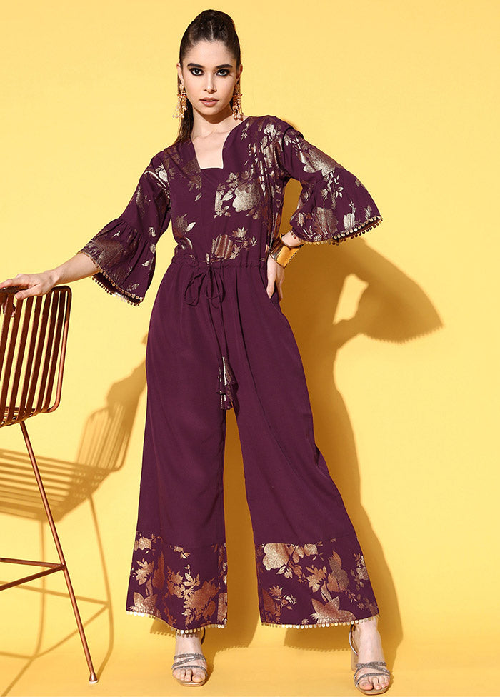 Burgundy Crepe Silk Printed Jumpsuit VDKSH0805068 - Indian Silk House Agencies