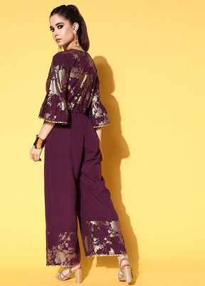 Burgundy Crepe Silk Printed Jumpsuit VDKSH0805068 - Indian Silk House Agencies