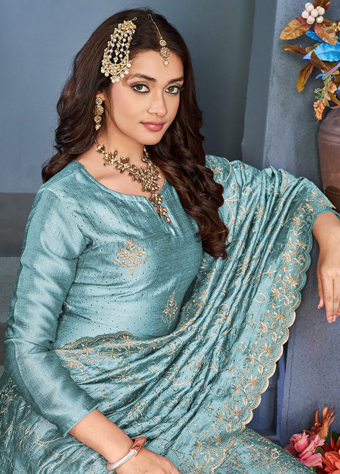 3 Pc Sky Blue Semi Stitched Silk Suit Set VDKSH0805045 - Indian Silk House Agencies