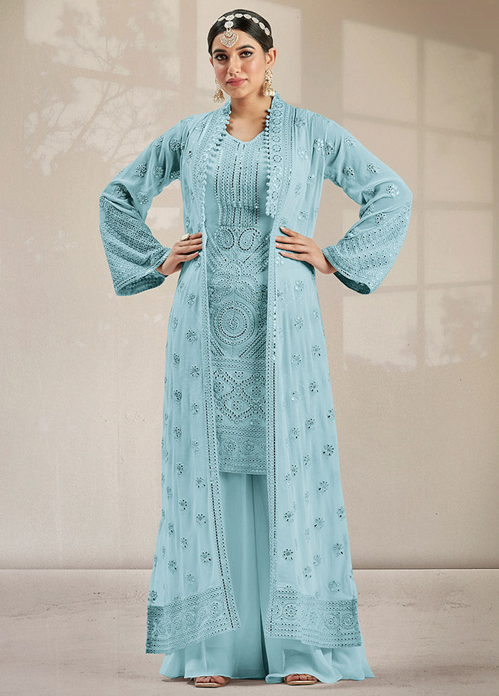 3 Pc Sky Blue Georgette Mirror Work Suit Set VDKSH0805057 - Indian Silk House Agencies