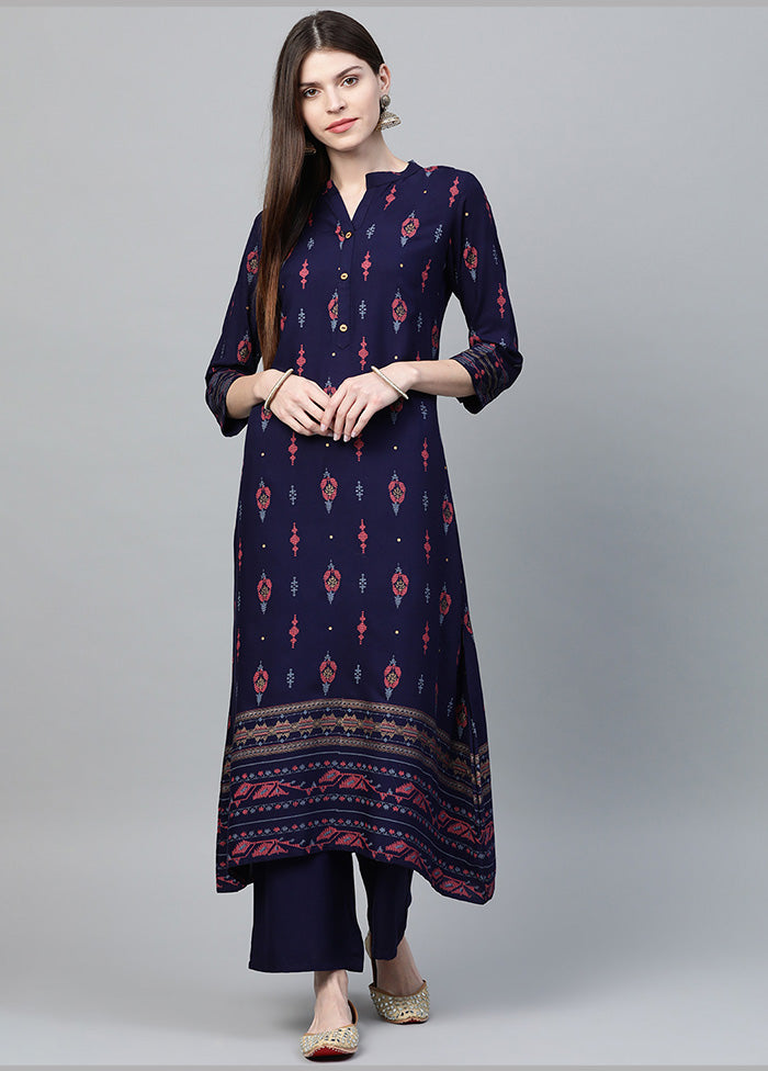 2 Pc Navy Blue Rayon A Line Kurti Set VDKSH19052038 - Indian Silk House Agencies