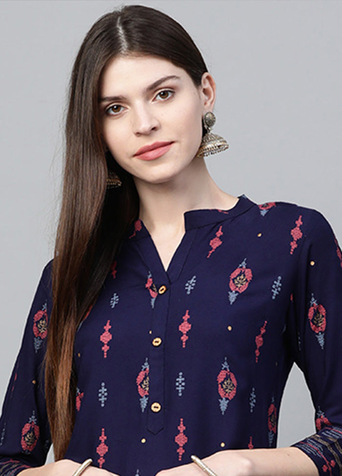 2 Pc Navy Blue Rayon A Line Kurti Set VDKSH19052038 - Indian Silk House Agencies