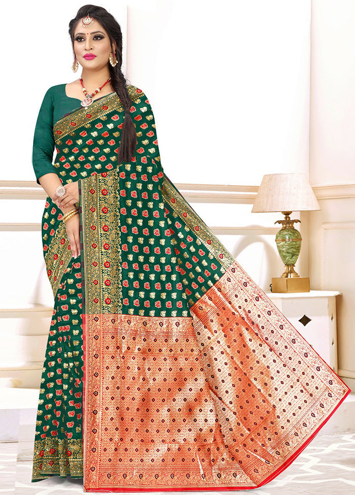 Green Spun Silk Zari Woven Saree With Blouse Piece - Indian Silk House Agencies