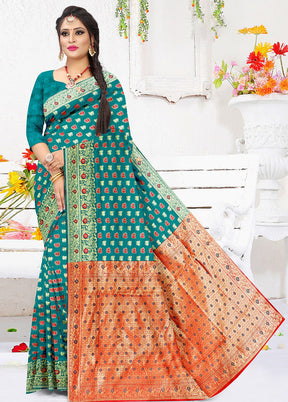 Teal Spun Silk Zari Woven Saree With Blouse Piece - Indian Silk House Agencies