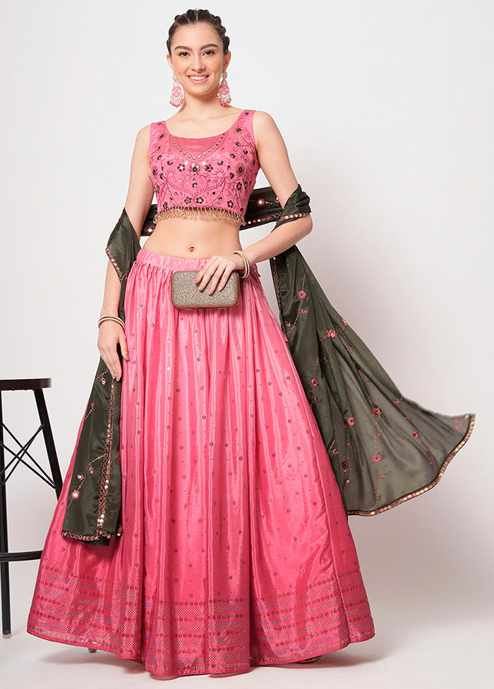 3 Pc Pink Semi Stitched Chinon Silk Lehenga Set - Indian Silk House Agencies