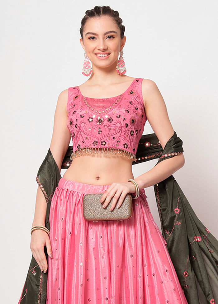 3 Pc Pink Semi Stitched Chinon Silk Lehenga Set - Indian Silk House Agencies