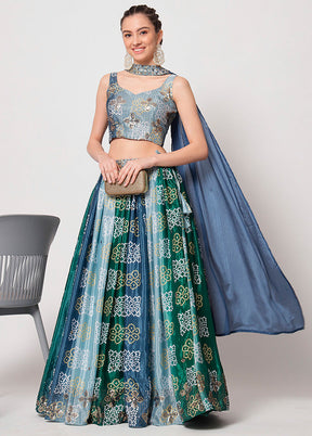 3 Pc Blue Semi Stitched Chinon Silk Lehenga Set - Indian Silk House Agencies