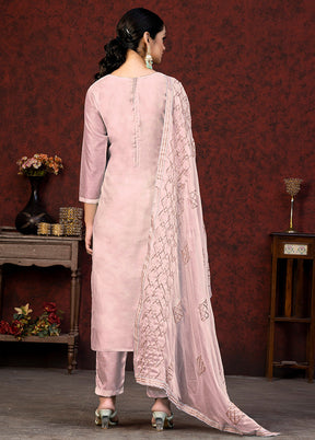 3 Pc Pink Unstitched Silk Hand Suit Set VDKSH20052054 - Indian Silk House Agencies