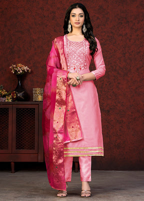 3 Pc Pink Unstitched Silk Hand Suit Set VDKSH20052056 - Indian Silk House Agencies