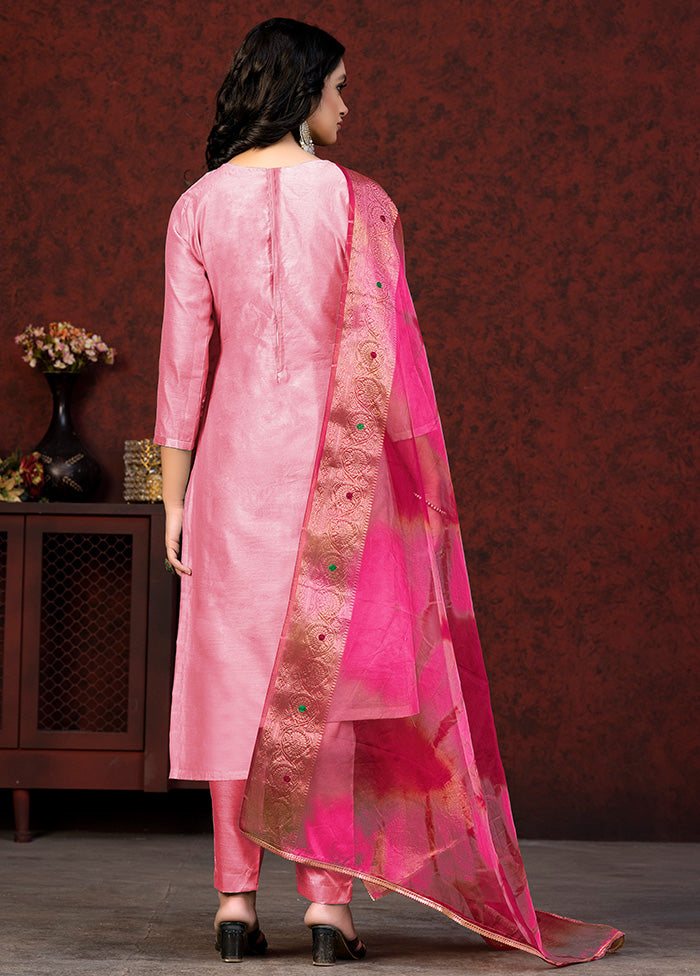 3 Pc Pink Unstitched Silk Hand Suit Set VDKSH20052056 - Indian Silk House Agencies