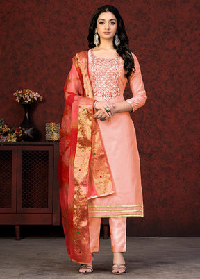 3 Pc Peach Unstitched Silk Hand Suit Set VDKSH20052057 - Indian Silk House Agencies