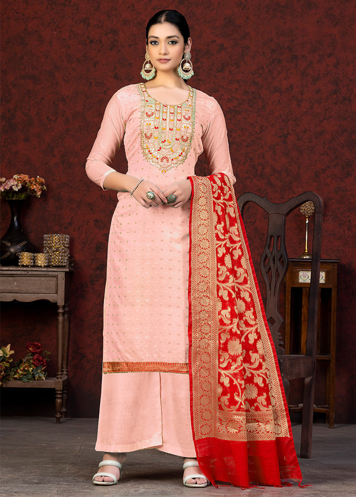 3 Pc Peach Unstitched Silk Hand Suit Set VDKSH20052063 - Indian Silk House Agencies