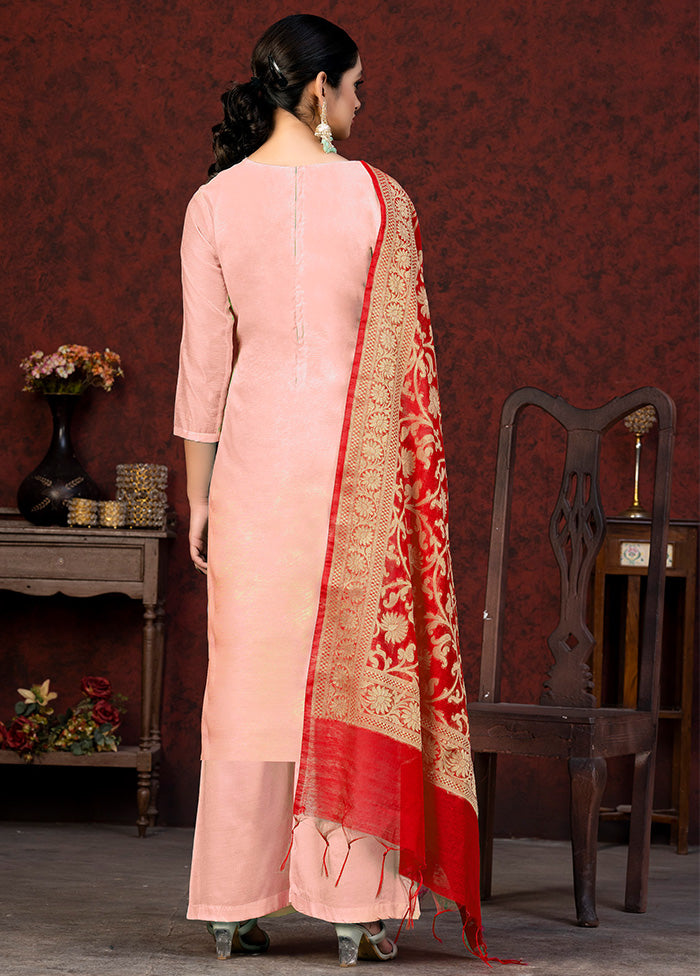 3 Pc Peach Unstitched Silk Hand Suit Set VDKSH20052063 - Indian Silk House Agencies