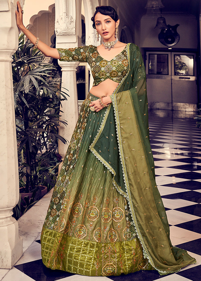 3 Pc Green Semi Stitched Silk Lehenga Set - Indian Silk House Agencies