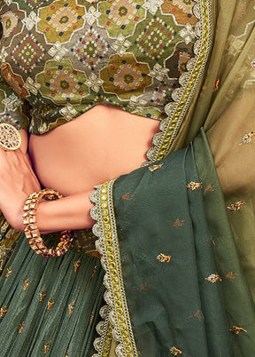 3 Pc Green Semi Stitched Silk Lehenga Set - Indian Silk House Agencies