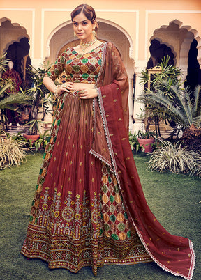 3 Pc Maroon Semi Stitched Silk Lehenga Set - Indian Silk House Agencies