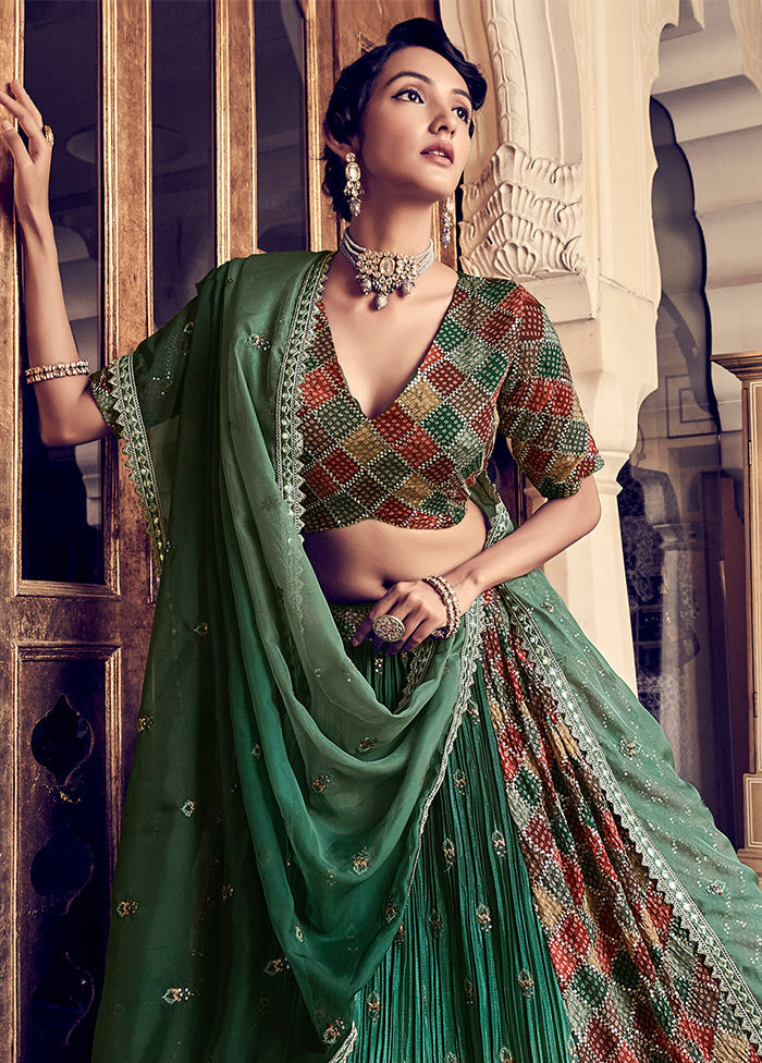 3 Pc Sea Green Semi Stitched Silk Lehenga Set - Indian Silk House Agencies