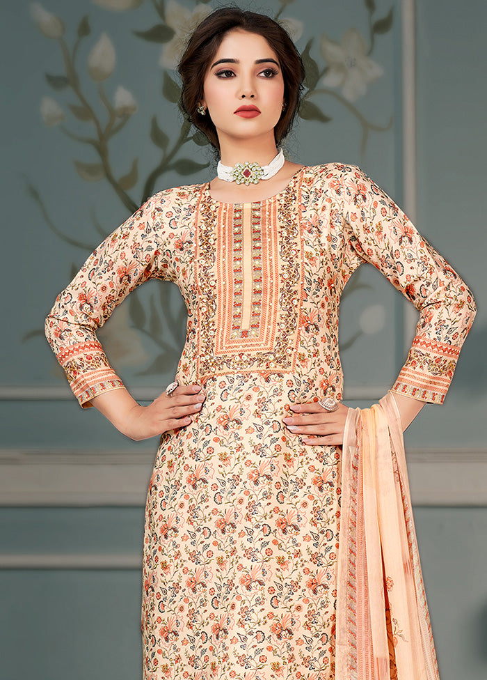 3 Pc Peach Unstitched Silk Suit Set VDKSH25052073 - Indian Silk House Agencies