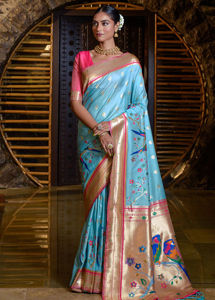 Sky Blue Spun Silk Saree With Blouse Piece - Indian Silk House Agencies