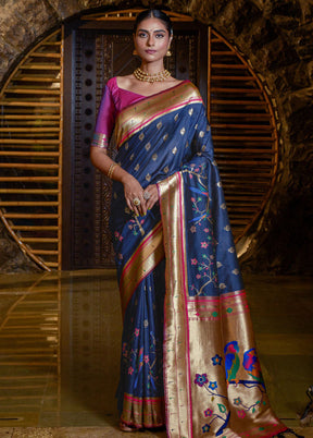 Navy Blue Spun Silk Saree With Blouse Piece - Indian Silk House Agencies