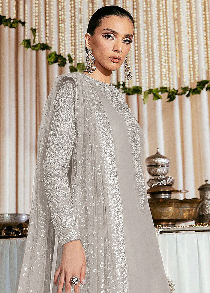 3 Pc Grey Semi Stitched Georgette Suit Set VDKSH31052098 - Indian Silk House Agencies