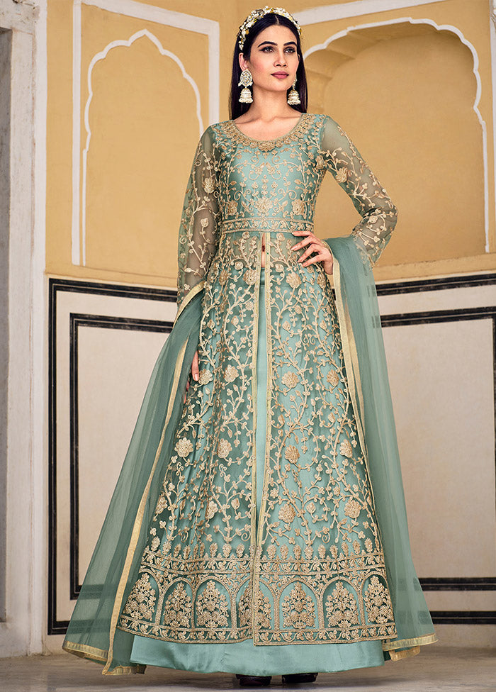 3 Pc Pista Green Semi Stitched Net Suit Set VDKSH31052108 - Indian Silk House Agencies