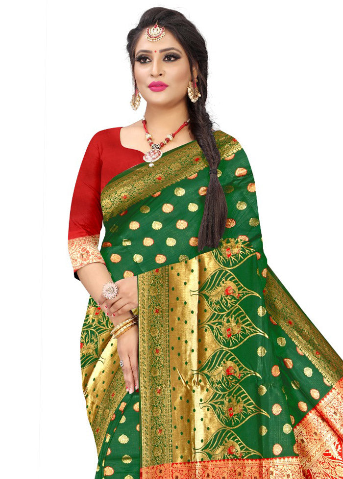 Green Spun Silk Saree With Blouse Piece - Indian Silk House Agencies