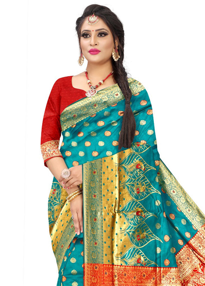 Teal Spun Silk Saree With Blouse Piece - Indian Silk House Agencies