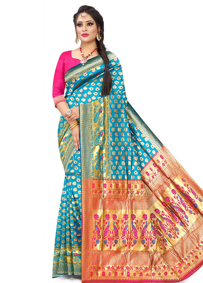 Sky Blue Spun Silk Saree With Blouse Piece - Indian Silk House Agencies