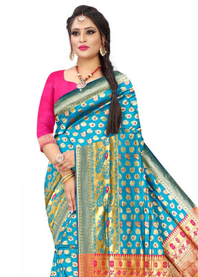 Sky Blue Spun Silk Saree With Blouse Piece - Indian Silk House Agencies