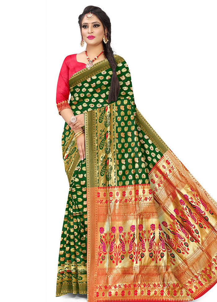 Green Spun Silk Saree With Blouse Piece - Indian Silk House Agencies