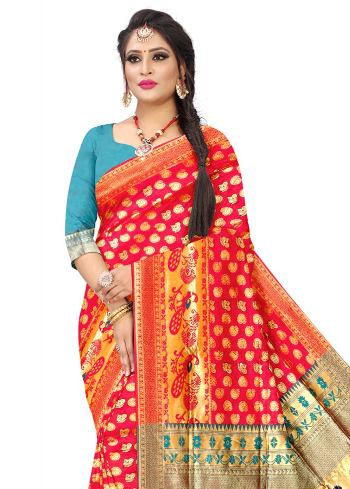 Red Spun Silk Saree With Blouse Piece - Indian Silk House Agencies