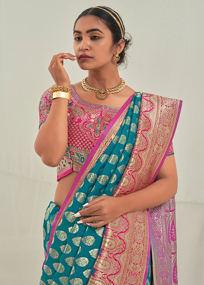 Teal Spun Silk Saree With Blouse Piece - Indian Silk House Agencies