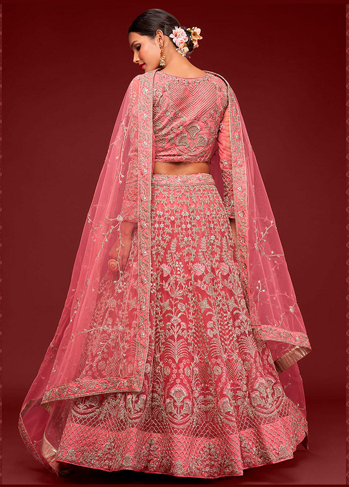 3 Pc Pink Semi Stitched Pure Net Lehenga Set - Indian Silk House Agencies