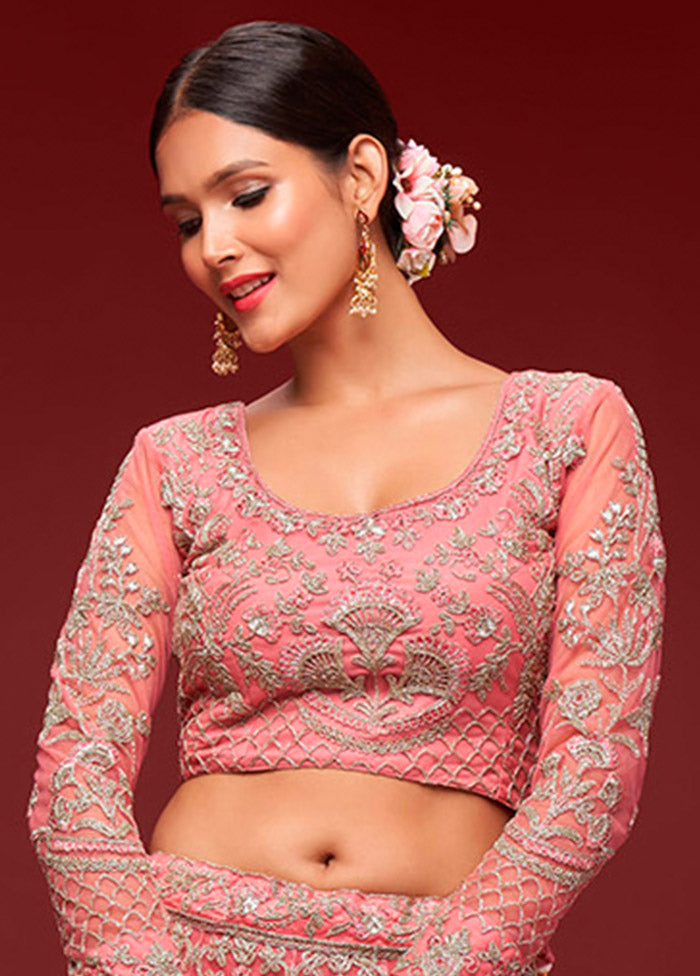 3 Pc Pink Semi Stitched Pure Net Lehenga Set - Indian Silk House Agencies