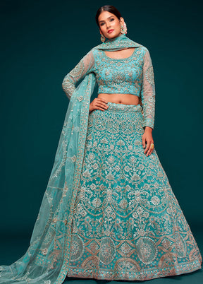 3 Pc Sky Blue Semi Stitched Pure Net Lehenga Set - Indian Silk House Agencies