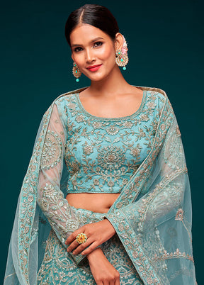 3 Pc Sky Blue Semi Stitched Pure Net Lehenga Set - Indian Silk House Agencies