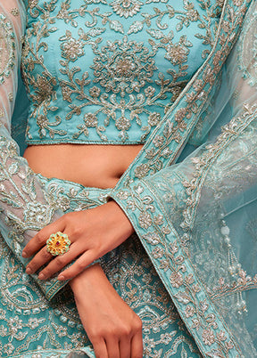 3 Pc Sky Blue Semi Stitched Pure Net Lehenga Set - Indian Silk House Agencies